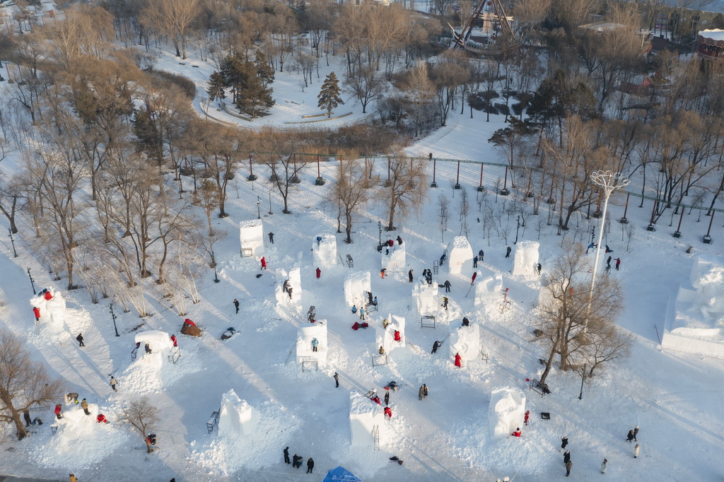 1月6日，參賽選手在哈爾濱太陽島雪博會園區(qū)進行雪雕創(chuàng)作（無人機照片）。新華社記者 謝劍飛 攝