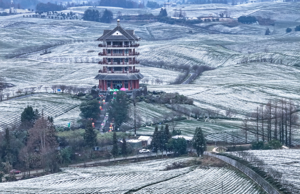 這是雪后的湄潭茶海景區(qū)（1月9日攝，無人機(jī)照片）。