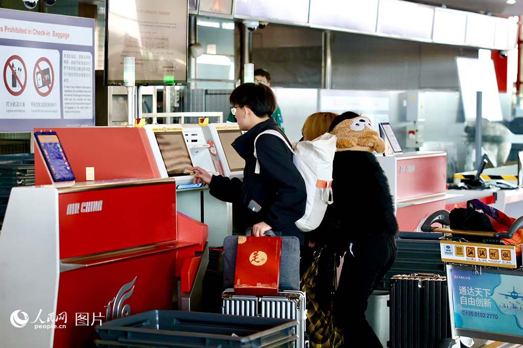 2025年春運(yùn)首日，北京首都機(jī)場T3航站樓內(nèi)乘坐飛機(jī)出行的旅客明顯增加，乘機(jī)旅客正在查詢航班信息。人民網(wǎng) 李世奇攝